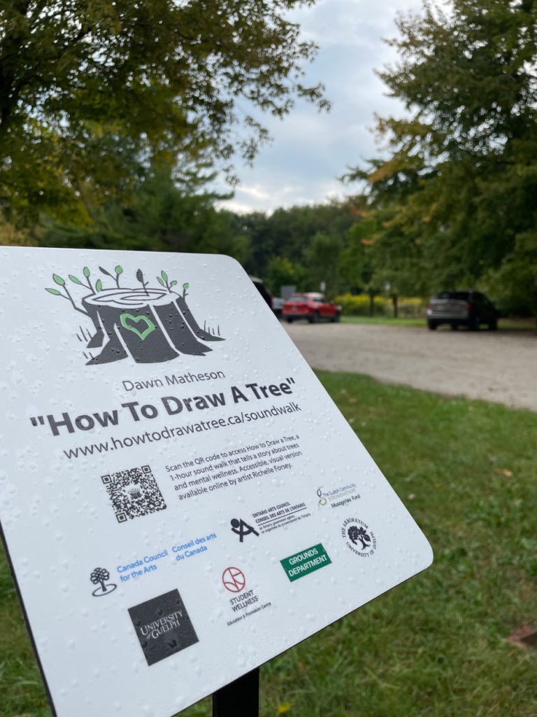 A colour photo of the sign for How to Draw A Tree from the side, in the background, blurred slightly are cars parked and trees.